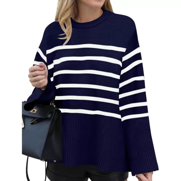 ZESICA Womens 2024 Fall Winter Striped Long Sleeve Crew Neck Ribbed Knit Side Slit Oversized Pullover Sweater Jumper TopNavy