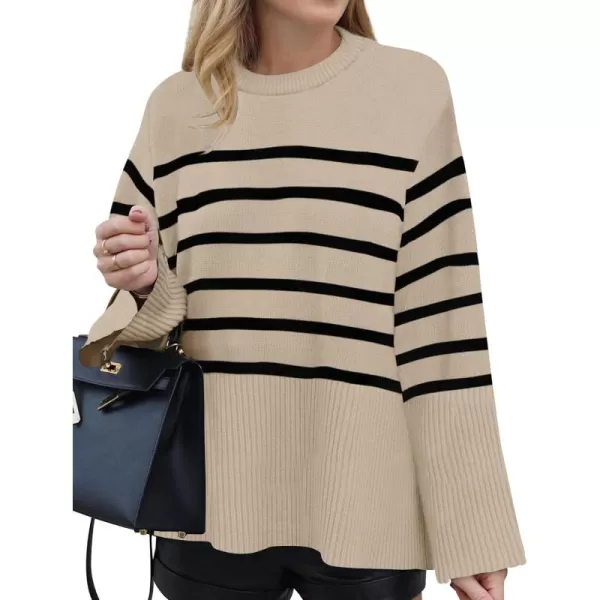 ZESICA Womens 2024 Fall Winter Striped Long Sleeve Crew Neck Ribbed Knit Side Slit Oversized Pullover Sweater Jumper TopOats