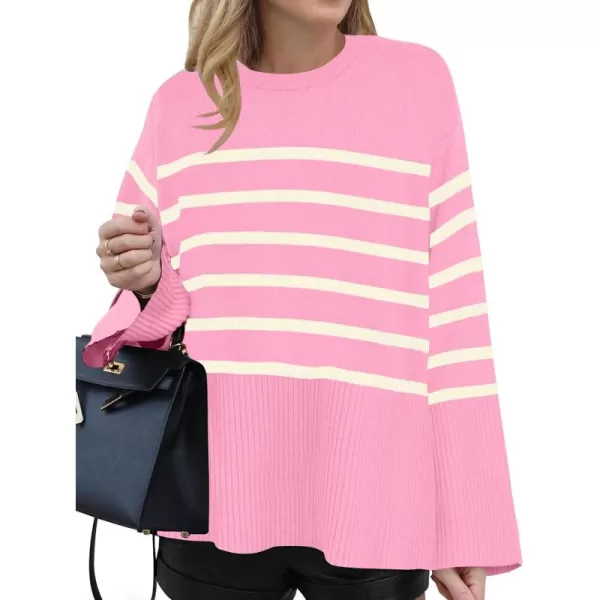 ZESICA Womens 2024 Fall Winter Striped Long Sleeve Crew Neck Ribbed Knit Side Slit Oversized Pullover Sweater Jumper TopPink