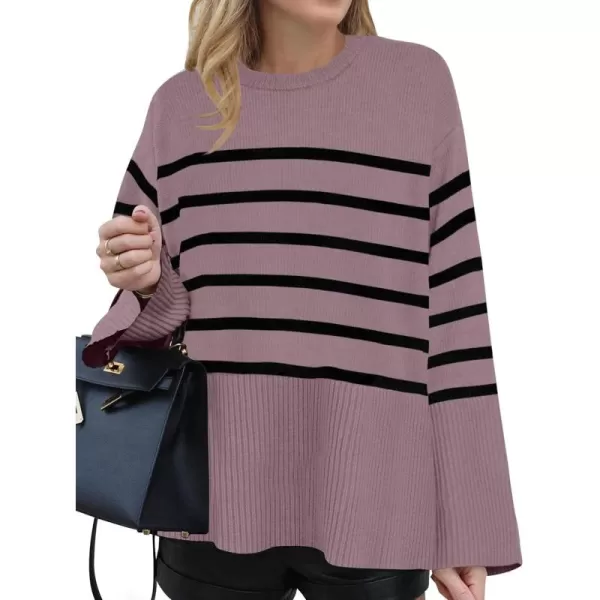 ZESICA Womens 2024 Fall Winter Striped Long Sleeve Crew Neck Ribbed Knit Side Slit Oversized Pullover Sweater Jumper TopPurple