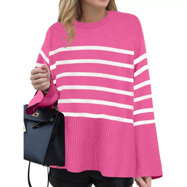 ZESICA Womens 2024 Fall Winter Striped Long Sleeve Crew Neck Ribbed Knit Side Slit Oversized Pullover Sweater Jumper TopRose