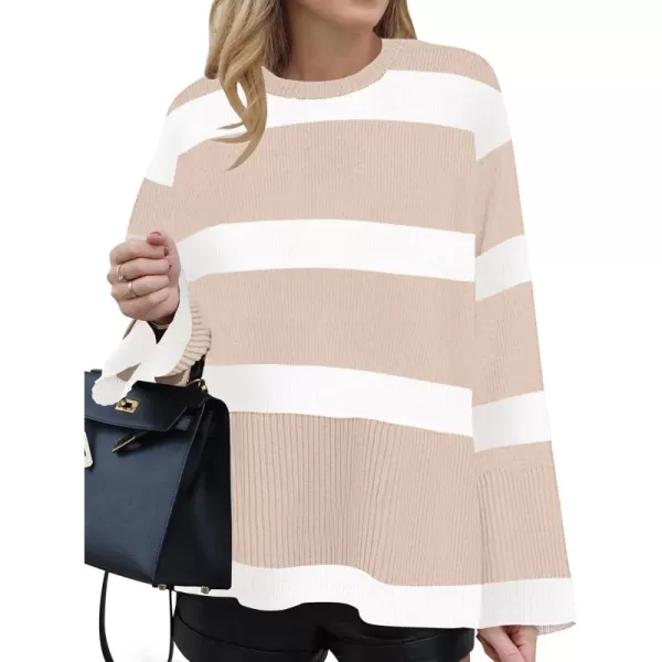 ZESICA Womens 2024 Fall Winter Striped Long Sleeve Crew Neck Ribbed Knit Side Slit Oversized Pullover Sweater Jumper TopSand