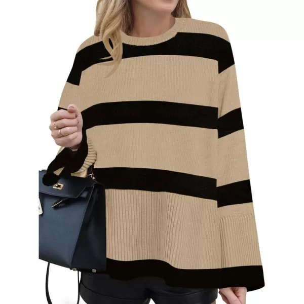 ZESICA Womens 2024 Fall Winter Striped Long Sleeve Crew Neck Ribbed Knit Side Slit Oversized Pullover Sweater Jumper TopTan
