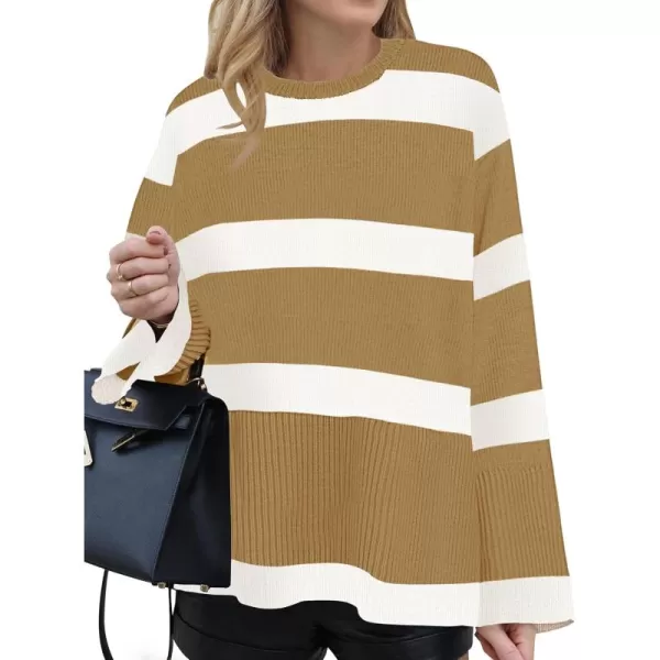 ZESICA Womens 2024 Fall Winter Striped Long Sleeve Crew Neck Ribbed Knit Side Slit Oversized Pullover Sweater Jumper TopToffee