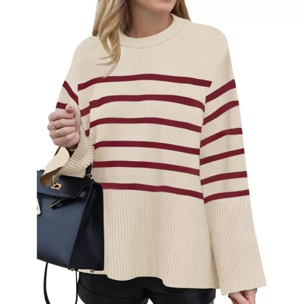ZESICA Womens 2024 Fall Winter Striped Long Sleeve Crew Neck Ribbed Knit Side Slit Oversized Pullover Sweater Jumper TopVintagered