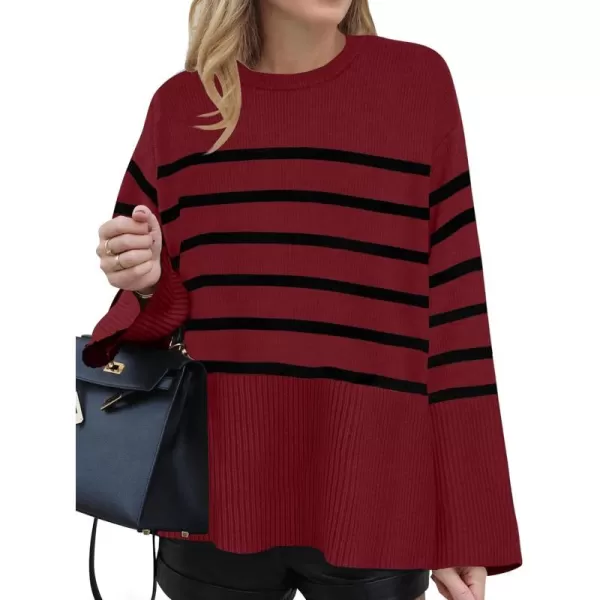 ZESICA Womens 2024 Fall Winter Striped Long Sleeve Crew Neck Ribbed Knit Side Slit Oversized Pullover Sweater Jumper TopWine