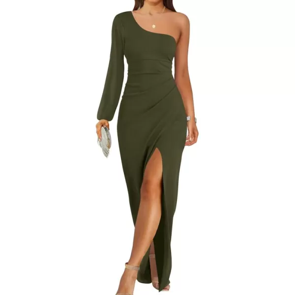 ZESICA Womens 2024 One Shoulder Long Sleeve Cocktail Dress Sexy High Slit Ruched Bodycon Wedding Guest Maxi DressesArmygreen