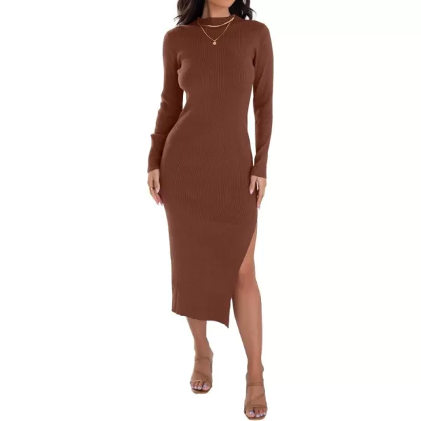 ZESICA Womens 2024 Ribbed Knit Dress Long Sleeve Mock Neck Slim Fit Side Slit Fall Elegant Sweater DressesCoffee