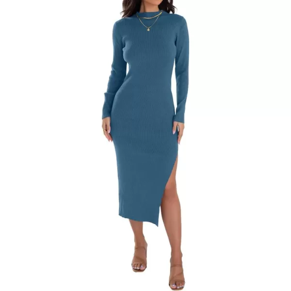 ZESICA Womens 2024 Ribbed Knit Dress Long Sleeve Mock Neck Slim Fit Side Slit Fall Elegant Sweater DressesDarkblue