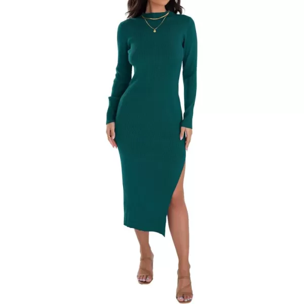 ZESICA Womens 2024 Ribbed Knit Dress Long Sleeve Mock Neck Slim Fit Side Slit Fall Elegant Sweater DressesDarkgreen