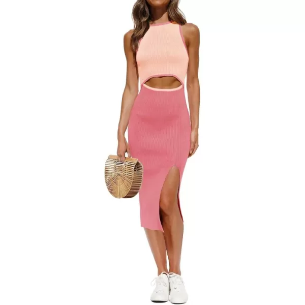 ZESICA Womens 2024 Ribbed Knit Dress Long Sleeve Mock Neck Slim Fit Side Slit Fall Elegant Sweater DressesDustypink