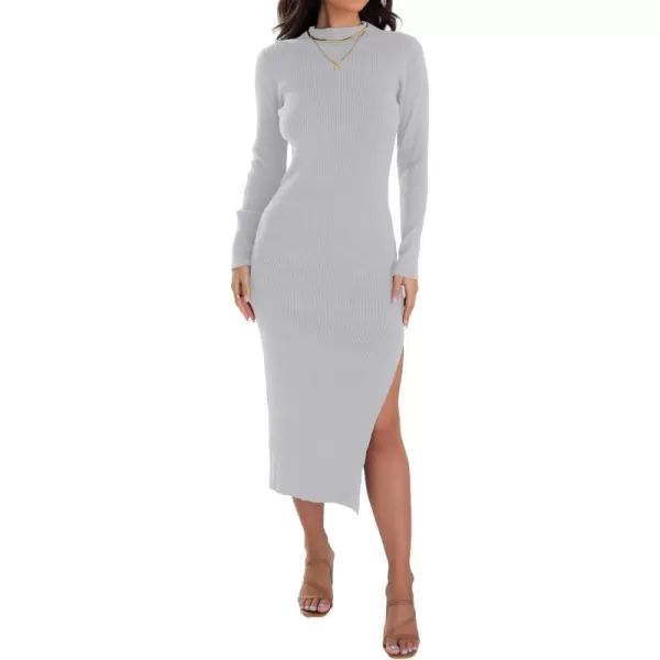 ZESICA Womens 2024 Ribbed Knit Dress Long Sleeve Mock Neck Slim Fit Side Slit Fall Elegant Sweater DressesGrey