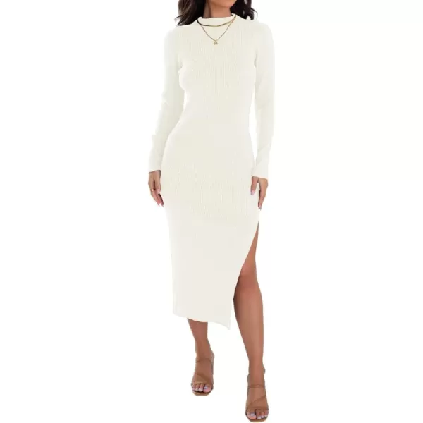 ZESICA Womens 2024 Ribbed Knit Dress Long Sleeve Mock Neck Slim Fit Side Slit Fall Elegant Sweater DressesIvory