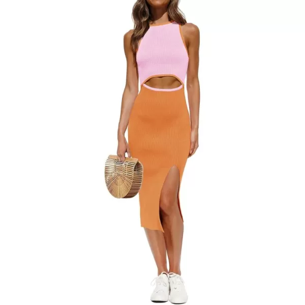 ZESICA Womens 2024 Ribbed Knit Dress Long Sleeve Mock Neck Slim Fit Side Slit Fall Elegant Sweater DressesOrange