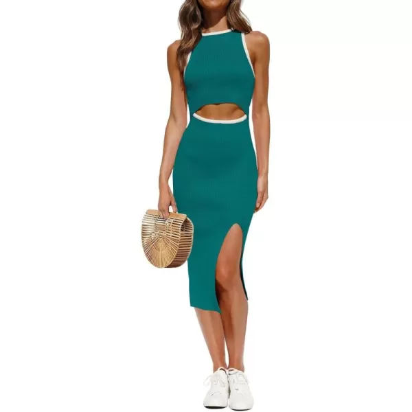 ZESICA Womens 2024 Ribbed Knit Dress Long Sleeve Mock Neck Slim Fit Side Slit Fall Elegant Sweater DressesTeal