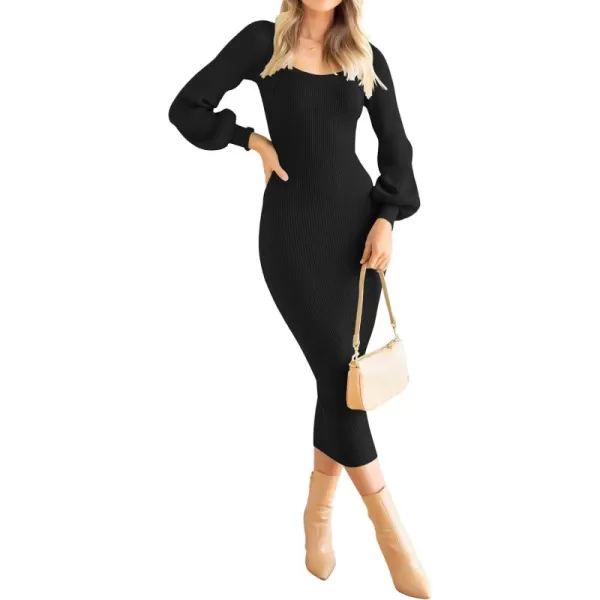 ZESICA Womens 2024 Square Neck Ribbed Knit Dress Puff Long Sleeve Slim Fit Bodycon Fall Winter Pullover Sweater DressBlack