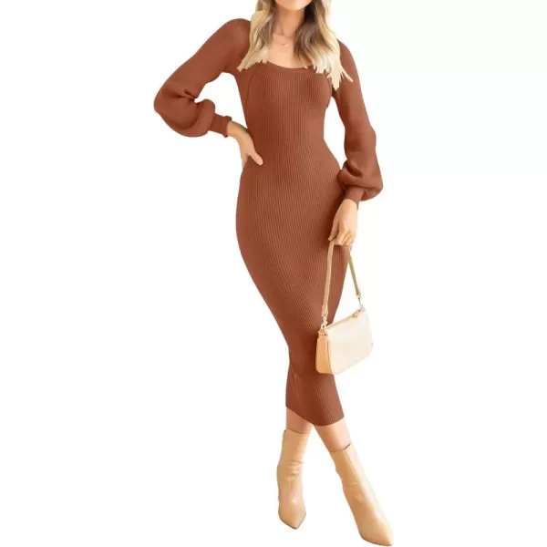 ZESICA Womens 2024 Square Neck Ribbed Knit Dress Puff Long Sleeve Slim Fit Bodycon Fall Winter Pullover Sweater DressCoffee