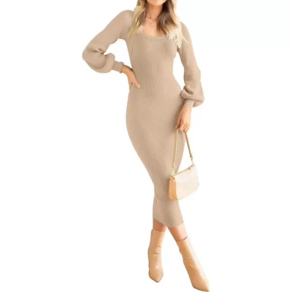 ZESICA Womens 2024 Square Neck Ribbed Knit Dress Puff Long Sleeve Slim Fit Bodycon Fall Winter Pullover Sweater DressLightkhaki
