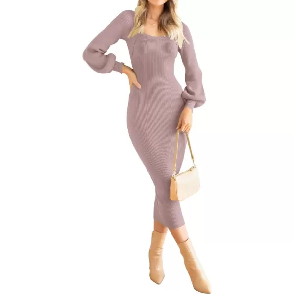 ZESICA Womens 2024 Square Neck Ribbed Knit Dress Puff Long Sleeve Slim Fit Bodycon Fall Winter Pullover Sweater DressPurple