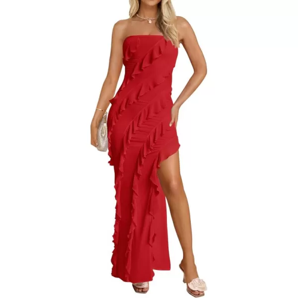 ZESICA Womens 2024 Strapless Bodycon Dress Sexy Off Shoulder Mesh Tassel Ruffle Side Split Tube Party Maxi DressesRed