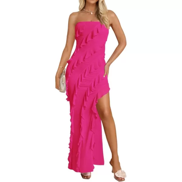 ZESICA Womens 2024 Strapless Bodycon Dress Sexy Off Shoulder Mesh Tassel Ruffle Side Split Tube Party Maxi DressesRose