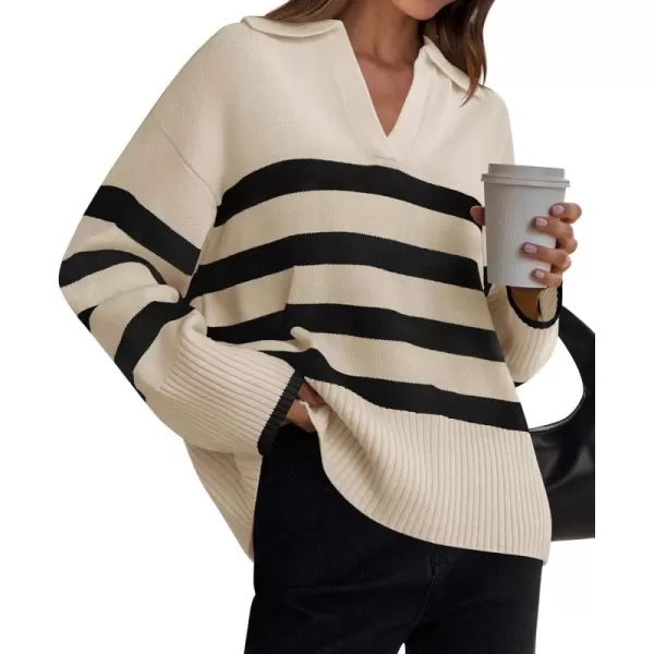 ZESICA Womens 2024 Winter Sweaters Lapel V Neck Long Sleeve Striped Chunky Knit Oversized Pullover Sweater Jumper TopsApricot