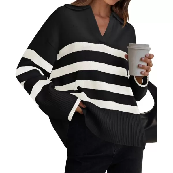 ZESICA Womens 2024 Winter Sweaters Lapel V Neck Long Sleeve Striped Chunky Knit Oversized Pullover Sweater Jumper TopsBlack