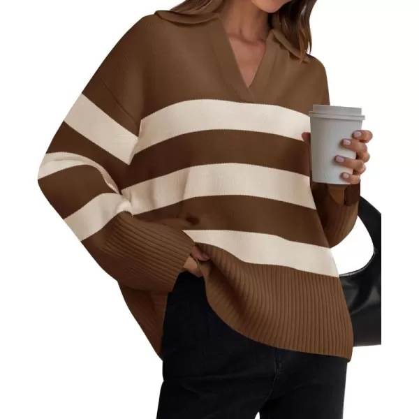 ZESICA Womens 2024 Winter Sweaters Lapel V Neck Long Sleeve Striped Chunky Knit Oversized Pullover Sweater Jumper TopsBrown