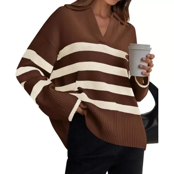 ZESICA Womens 2024 Winter Sweaters Lapel V Neck Long Sleeve Striped Chunky Knit Oversized Pullover Sweater Jumper TopsCoffee