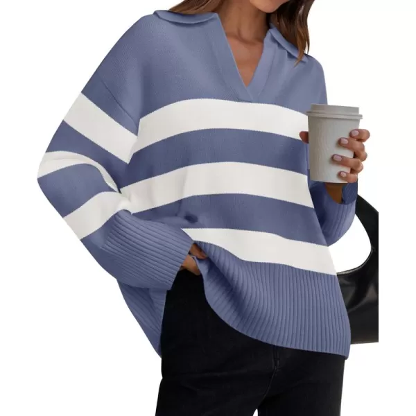 ZESICA Womens 2024 Winter Sweaters Lapel V Neck Long Sleeve Striped Chunky Knit Oversized Pullover Sweater Jumper TopsDustyblue