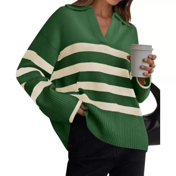 ZESICA Womens 2024 Winter Sweaters Lapel V Neck Long Sleeve Striped Chunky Knit Oversized Pullover Sweater Jumper TopsGreen