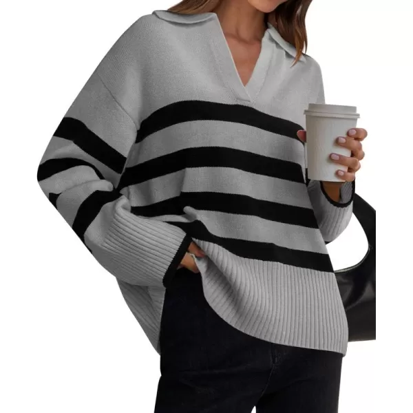 ZESICA Womens 2024 Winter Sweaters Lapel V Neck Long Sleeve Striped Chunky Knit Oversized Pullover Sweater Jumper TopsGrey