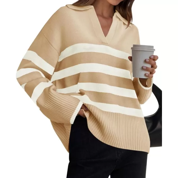 ZESICA Womens 2024 Winter Sweaters Lapel V Neck Long Sleeve Striped Chunky Knit Oversized Pullover Sweater Jumper TopsKhaki