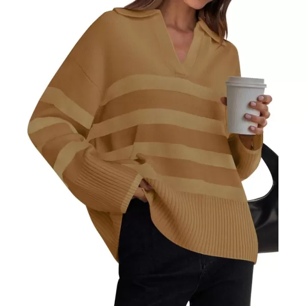 ZESICA Womens 2024 Winter Sweaters Lapel V Neck Long Sleeve Striped Chunky Knit Oversized Pullover Sweater Jumper TopsMocha
