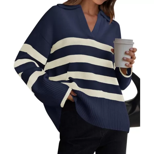 ZESICA Womens 2024 Winter Sweaters Lapel V Neck Long Sleeve Striped Chunky Knit Oversized Pullover Sweater Jumper TopsNavy