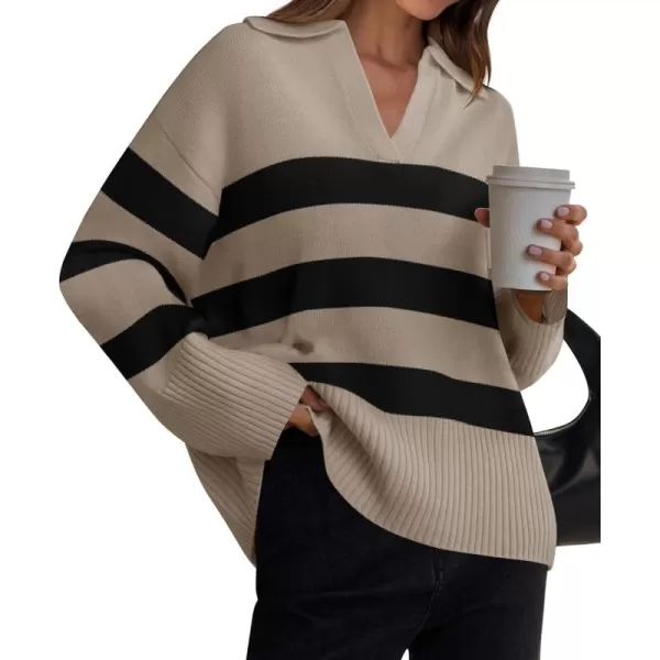 ZESICA Womens 2024 Winter Sweaters Lapel V Neck Long Sleeve Striped Chunky Knit Oversized Pullover Sweater Jumper TopsOatmeal