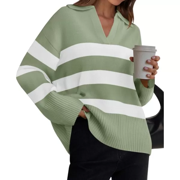 ZESICA Womens 2024 Winter Sweaters Lapel V Neck Long Sleeve Striped Chunky Knit Oversized Pullover Sweater Jumper TopsPeagreen