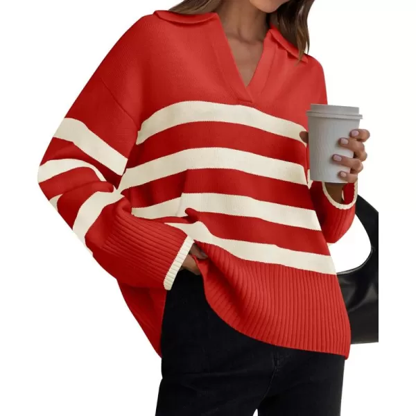 ZESICA Womens 2024 Winter Sweaters Lapel V Neck Long Sleeve Striped Chunky Knit Oversized Pullover Sweater Jumper TopsRed