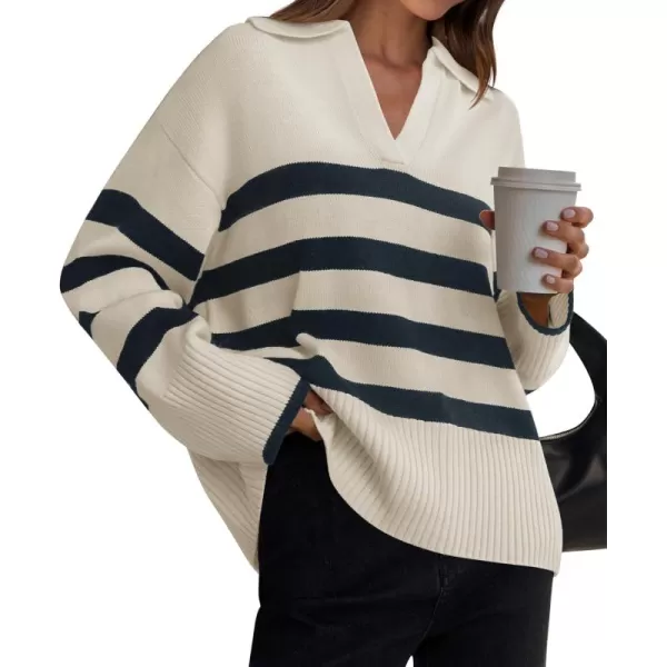 ZESICA Womens 2024 Winter Sweaters Lapel V Neck Long Sleeve Striped Chunky Knit Oversized Pullover Sweater Jumper TopsRoyalblue