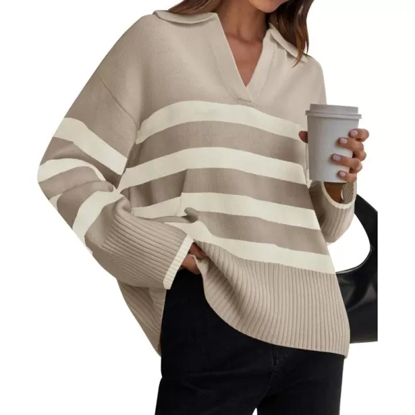 ZESICA Womens 2024 Winter Sweaters Lapel V Neck Long Sleeve Striped Chunky Knit Oversized Pullover Sweater Jumper TopsSand