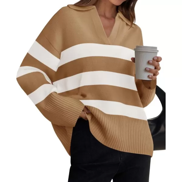 ZESICA Womens 2024 Winter Sweaters Lapel V Neck Long Sleeve Striped Chunky Knit Oversized Pullover Sweater Jumper TopsToffee