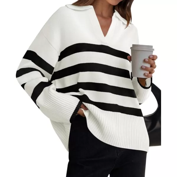 ZESICA Womens 2024 Winter Sweaters Lapel V Neck Long Sleeve Striped Chunky Knit Oversized Pullover Sweater Jumper TopsWhite