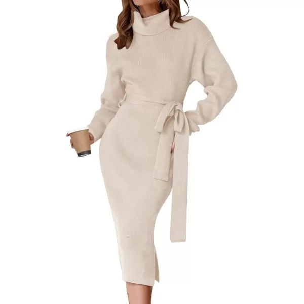 ZESICA Womens Turtleneck Sweater Midi Dress Long Sleeve Ribbed Knit Bodycon Slit Dress with BeltApricot