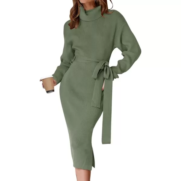 ZESICA Womens Turtleneck Sweater Midi Dress Long Sleeve Ribbed Knit Bodycon Slit Dress with BeltArmygreen