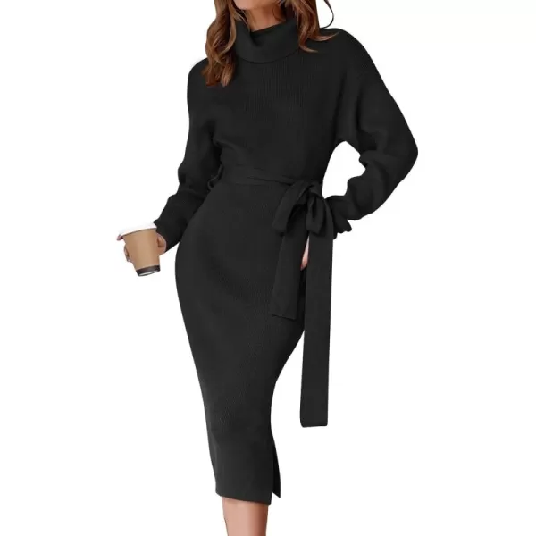ZESICA Womens Turtleneck Sweater Midi Dress Long Sleeve Ribbed Knit Bodycon Slit Dress with BeltBlack