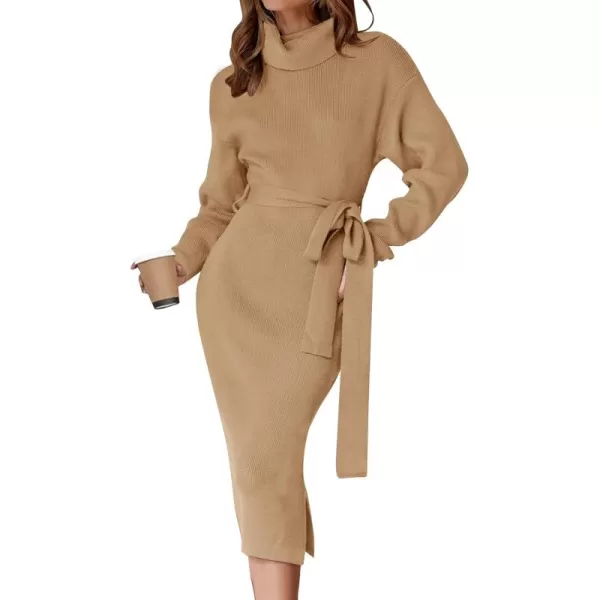 ZESICA Womens Turtleneck Sweater Midi Dress Long Sleeve Ribbed Knit Bodycon Slit Dress with BeltCamel