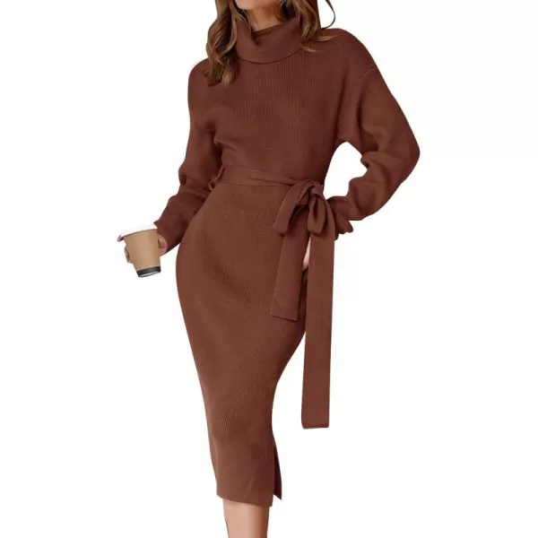ZESICA Womens Turtleneck Sweater Midi Dress Long Sleeve Ribbed Knit Bodycon Slit Dress with BeltCoffee