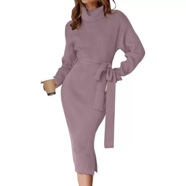 ZESICA Womens Turtleneck Sweater Midi Dress Long Sleeve Ribbed Knit Bodycon Slit Dress with BeltDarkviolet