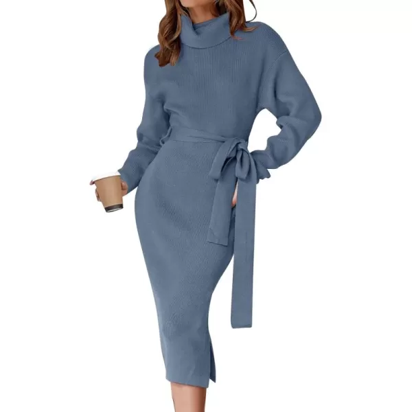 ZESICA Womens Turtleneck Sweater Midi Dress Long Sleeve Ribbed Knit Bodycon Slit Dress with BeltDustyblue
