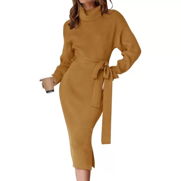ZESICA Womens Turtleneck Sweater Midi Dress Long Sleeve Ribbed Knit Bodycon Slit Dress with BeltGinger